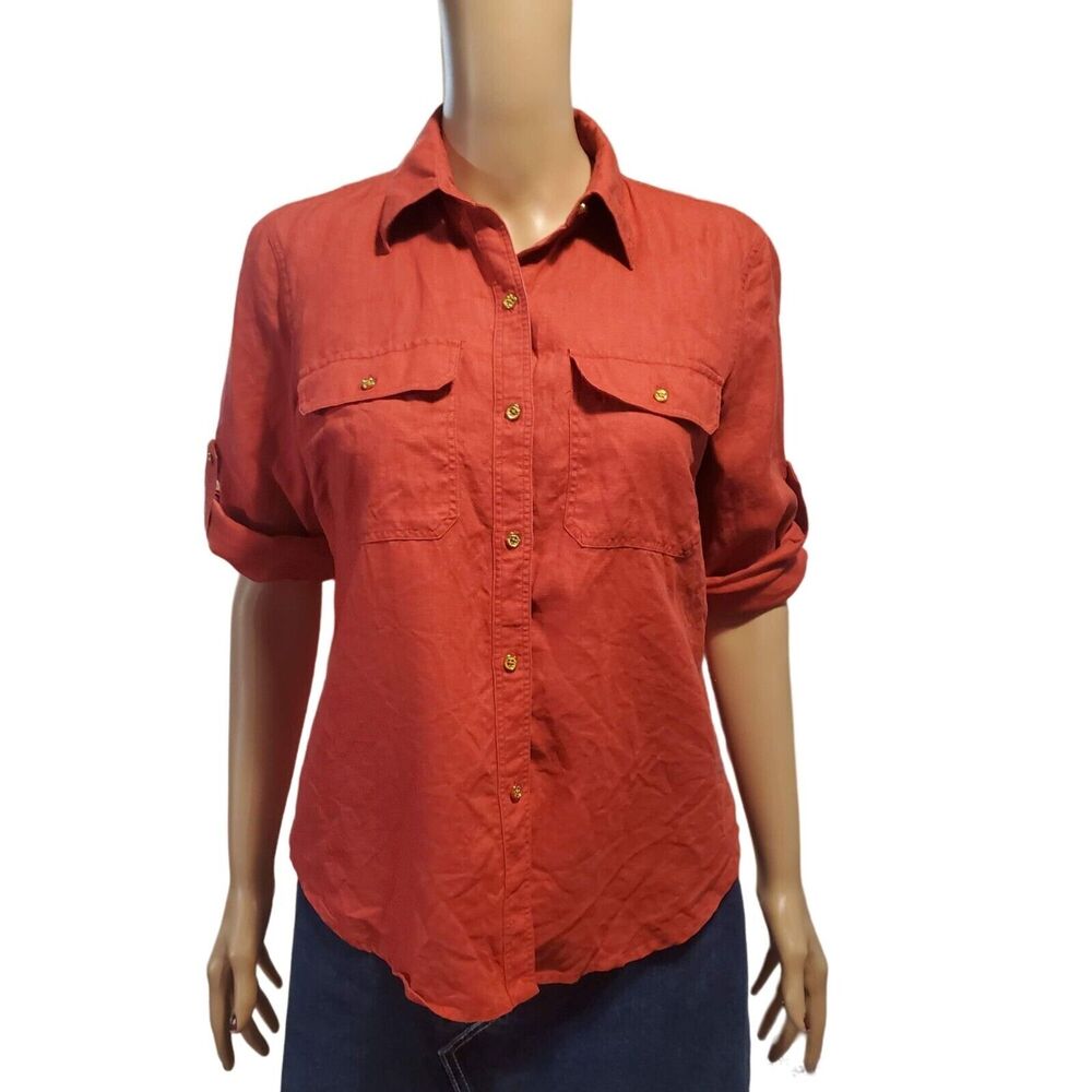 Lauren Ralph Lauren Petite Linen Button Front Shirt Watermelon Red/Pink PM